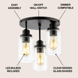 Jonah 12" Bohemian Farmhouse Iron/Seeded Glass LED Semi Flush Mount - JONATHAN Y