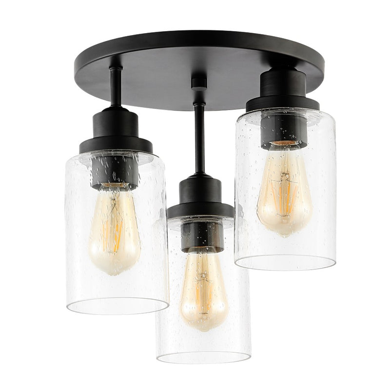 Jonah 12" Bohemian Farmhouse Iron/Seeded Glass LED Semi Flush Mount - JONATHAN Y