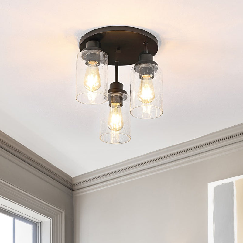 Jonah 12" Bohemian Farmhouse Iron/Seeded Glass LED Semi Flush Mount - JONATHAN Y