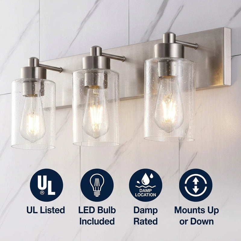 Irving Seeded Glass/Iron Modern Contemporary LED Vanity Light Nickel / 3 Sockets – ICONS