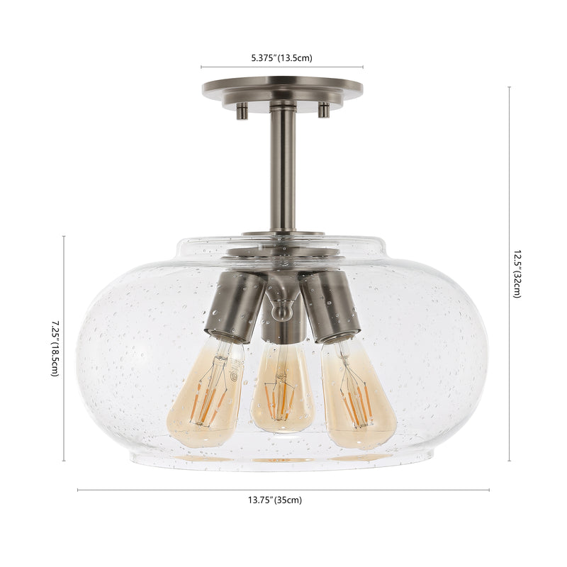 Lina 13.75"  Modern Industrial Iron/Seeded Glass LED Semi Flush Mount - JONATHAN Y