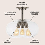 Lina 13.75"  Modern Industrial Iron/Seeded Glass LED Semi Flush Mount - JONATHAN Y
