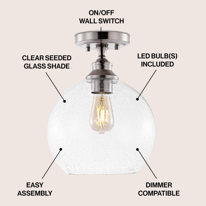 Marla 9.75" Bohemian Farmhouse Iron/Seeded Glass LED Semi Flush Mount - JONATHAN Y