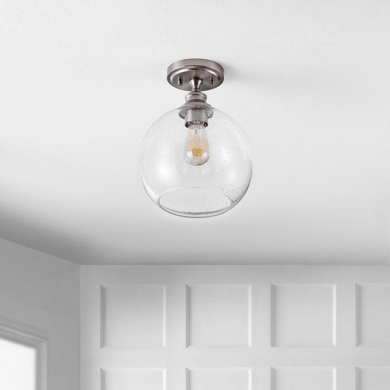 Marla 9.75" Bohemian Farmhouse Iron/Seeded Glass LED Semi Flush Mount - JONATHAN Y