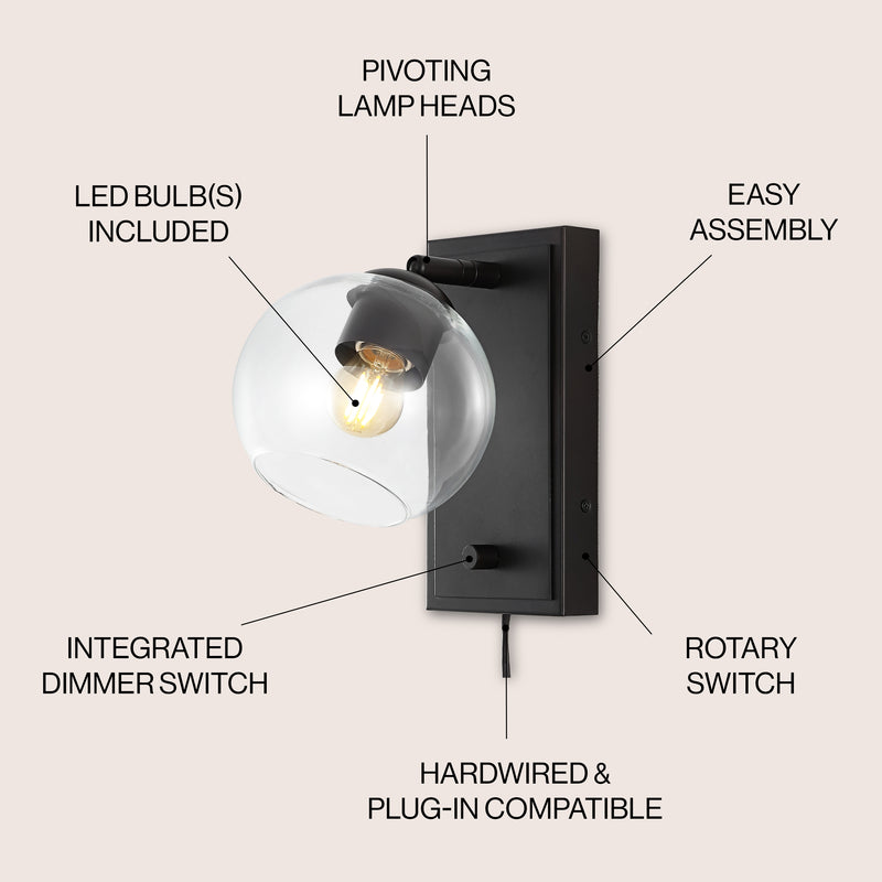 Hugo 6" Minimalist Modern Plug-In or Hardwired Adjustable Iron LED Wall Sconce with Rotary Dimmer - JONATHAN Y