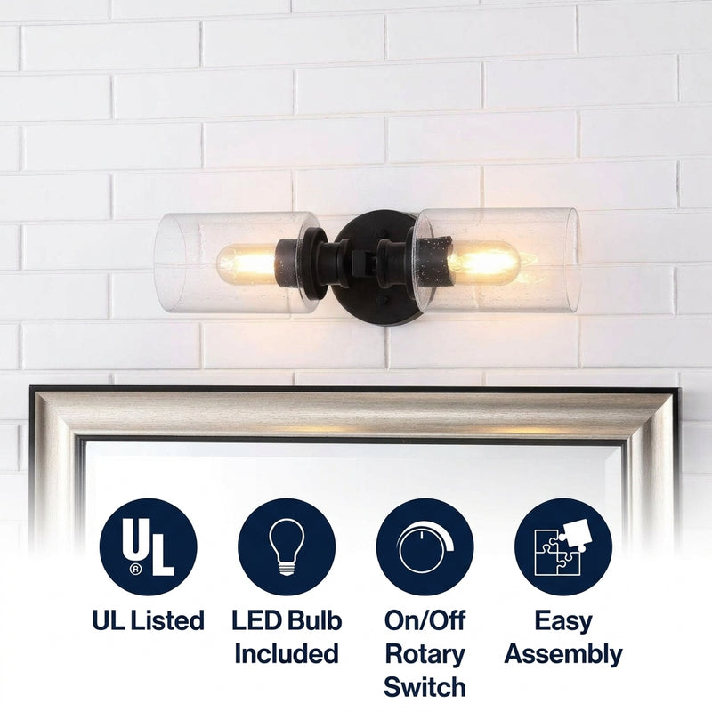Jules Edison 16.5" Cylinder Iron/Seeded Glass Farmhouse Contemporary LED Wall Sconce Black / 2 Sockets – ICONS
