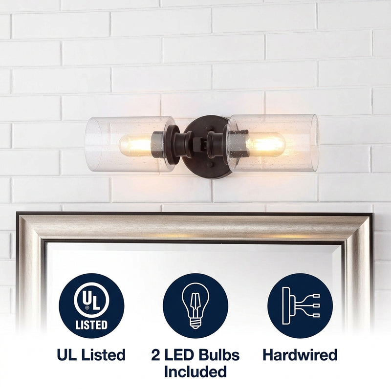 Jules Edison 16.5" Cylinder Iron/Seeded Glass Farmhouse Contemporary LED Wall Sconce Oil Rubbed Bronze / 2 Sockets – ICONS