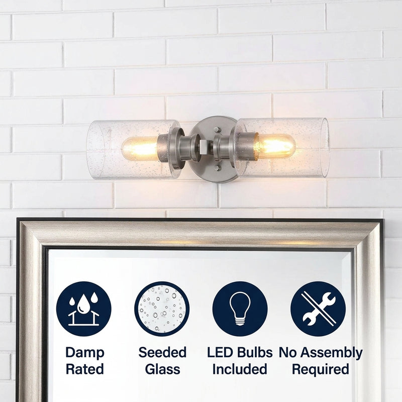 Jules Edison 16.5" Cylinder Iron/Seeded Glass Farmhouse Contemporary LED Wall Sconce Nickel / 2 Sockets – ICONS