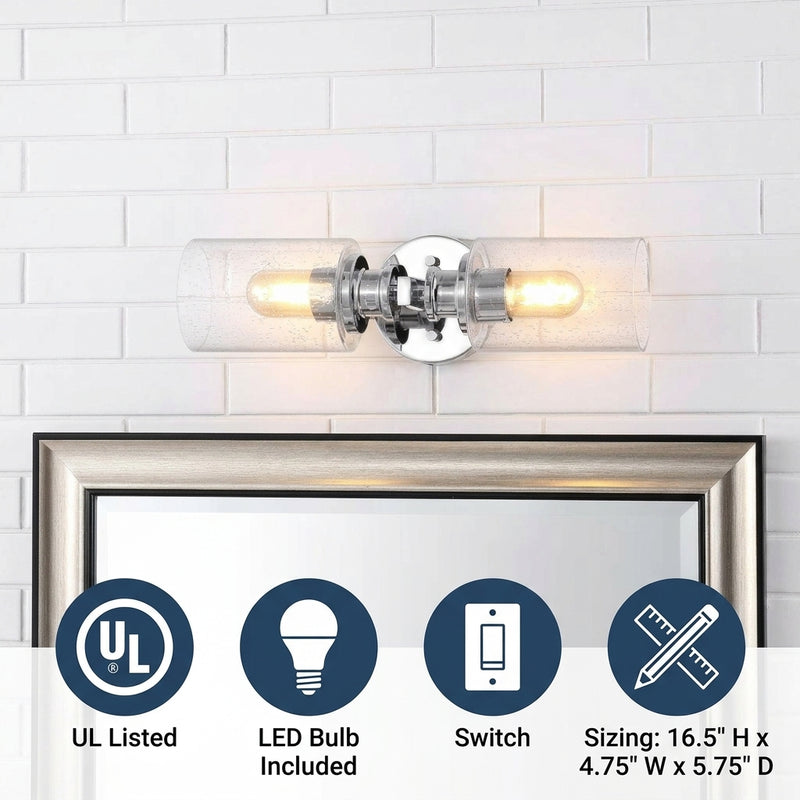 Jules Edison 16.5" Cylinder Iron/Seeded Glass Farmhouse Contemporary LED Wall Sconce Chrome / 2 Sockets – ICONS