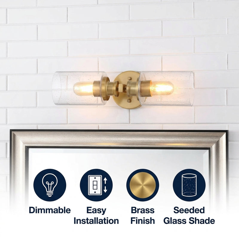 Jules Edison 16.5" Cylinder Iron/Seeded Glass Farmhouse Contemporary LED Wall Sconce Brass Gold / 2 Sockets – ICONS