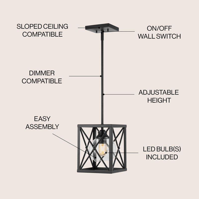 Amara 8" Industrial Farmhouse Iron/Glass LED Pendant - JONATHAN Y
