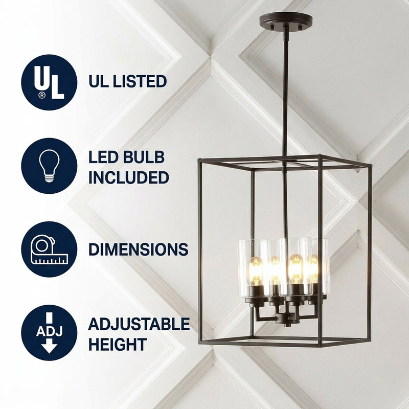 Quinn 8.13" Industrial Farmhouse Iron/Glass LED Pendant Oil Rubbed Bronze / 4 Sockets – ICONS