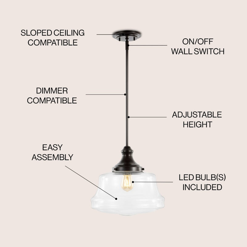 Schoolhouse 14" Bohemian Farmhouse Iron/Glass LED Pendant - JONATHAN Y