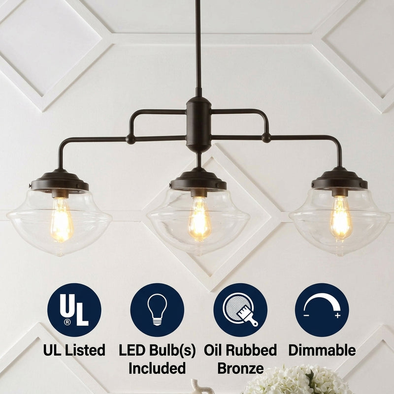 Avery 37.5" Industrial Farmhouse Rustic Iron/Glass Linear LED Pendant Oil Rubbed Bronze/Clear / 3 Sockets – ICONS