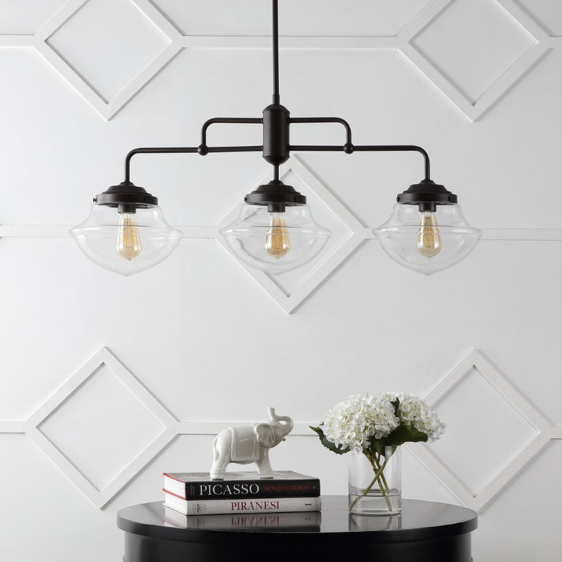 Avery 37.5" Industrial Farmhouse Rustic Iron/Glass Linear LED Pendant - JONATHAN Y