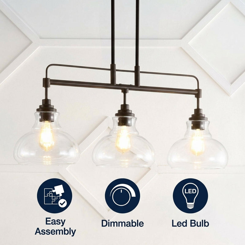 Marlowe 32.5"  Farmhouse Industrial Iron/Glass Linear LED Pendant Oil Rubbed Bronze/Clear / 3 Sockets – ICONS