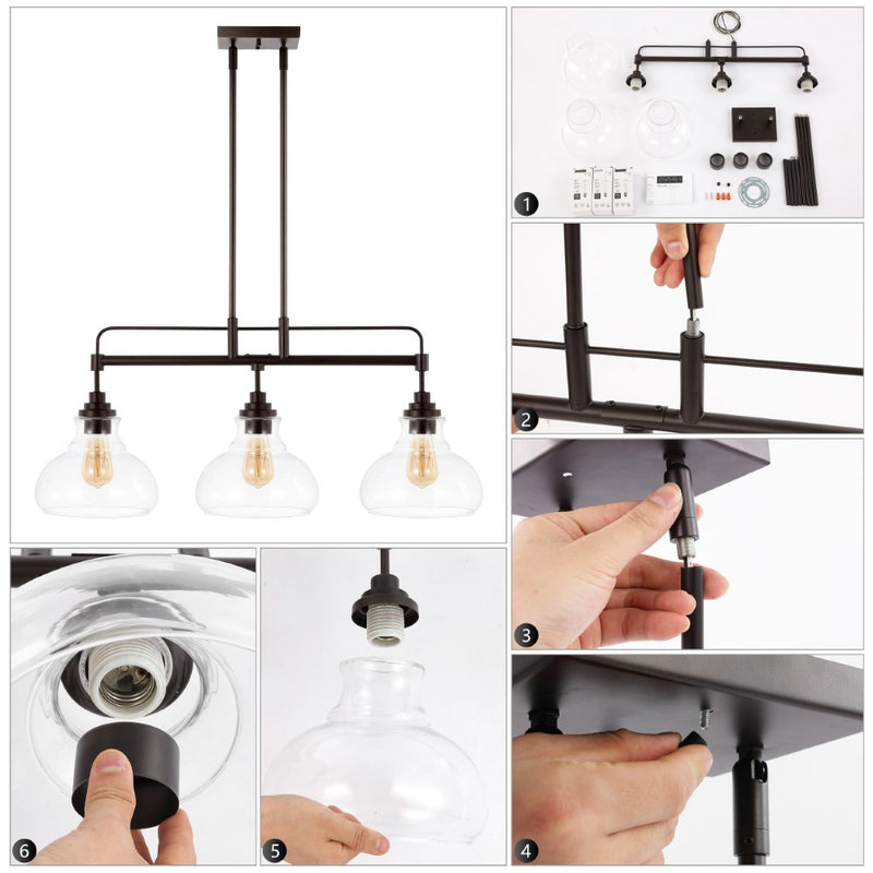 Marlowe 32.5"  Farmhouse Industrial Iron/Glass Linear LED Pendant - JONATHAN Y