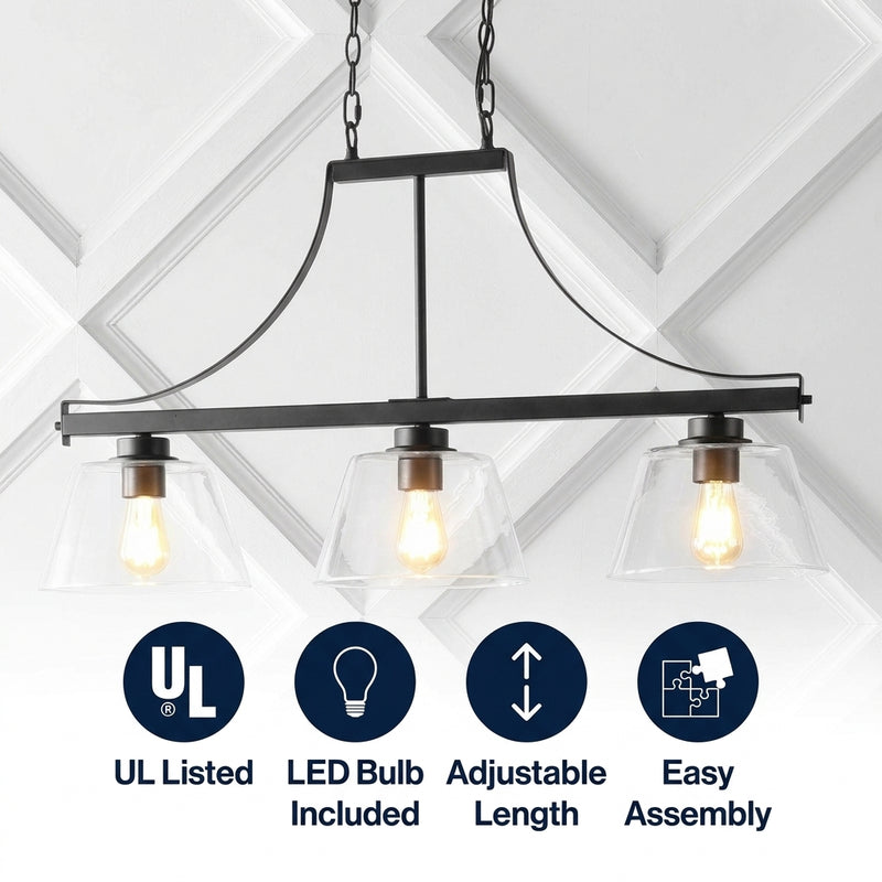 Jayden 36" Industrial Farmhouse Iron/Glass Linear LED Pendant Oil Rubbed Bronze/Clear / 3 Sockets – ICONS