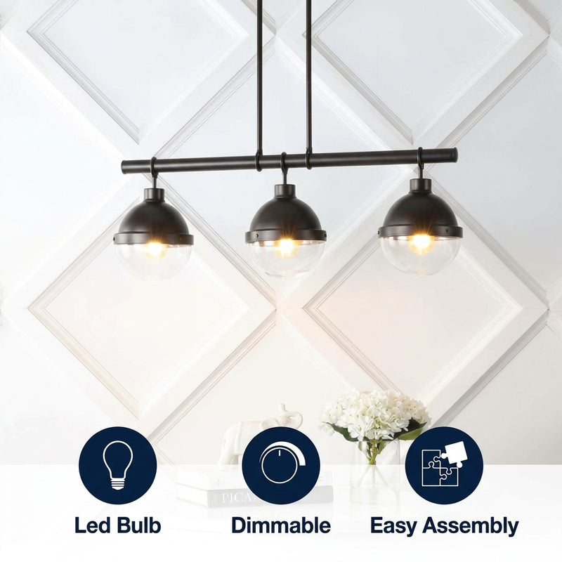 Caleb 33" Industrial Farmhouse Iron/Glass Linear LED Pendant Oil Rubbed Bronze/Clear / 3 Sockets – ICONS