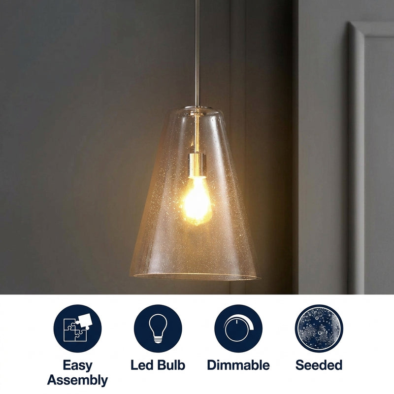 Arlo 11.5"  Mid-Century Modern Iron/Seeded Glass LED Pendant Nickel/Clear / 1 Socket – ICONS