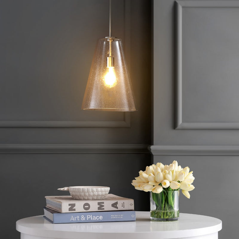 Arlo 11.5"  Mid-Century Modern Iron/Seeded Glass LED Pendant - JONATHAN Y