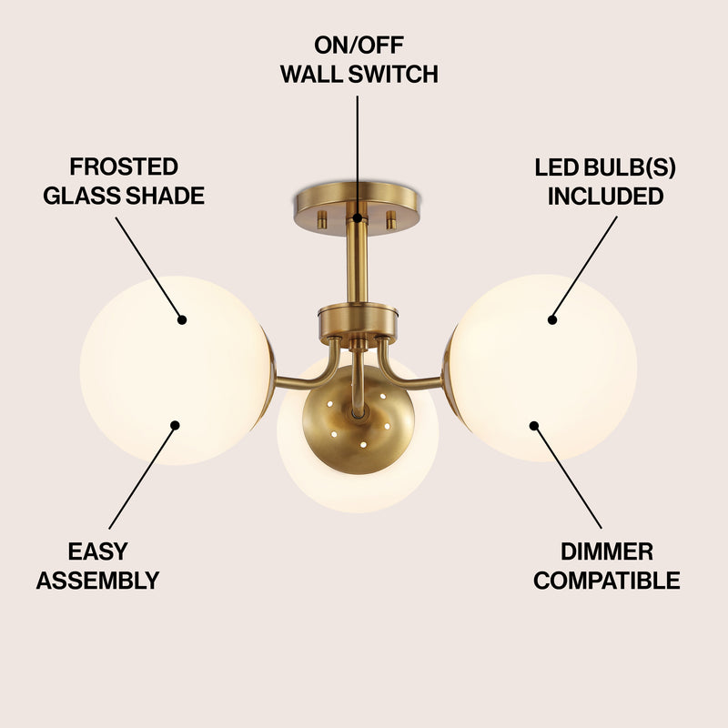 Olivier 23.5" 3-Light Bohemian Farmhouse Iron/Frosted Glass LED Semi Flush Mount