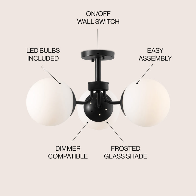 Olivier 23.5" 3-Light Bohemian Farmhouse Iron/Frosted Glass LED Semi Flush Mount
