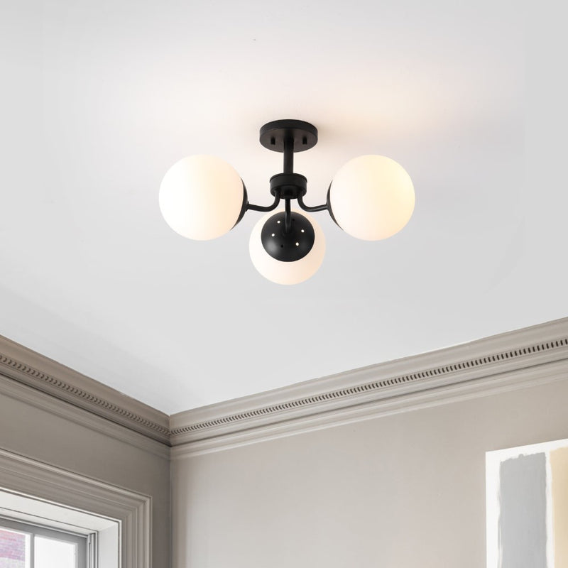 Olivier 23.5" 3-Light Bohemian Farmhouse Iron/Frosted Glass LED Semi Flush Mount - JONATHAN Y