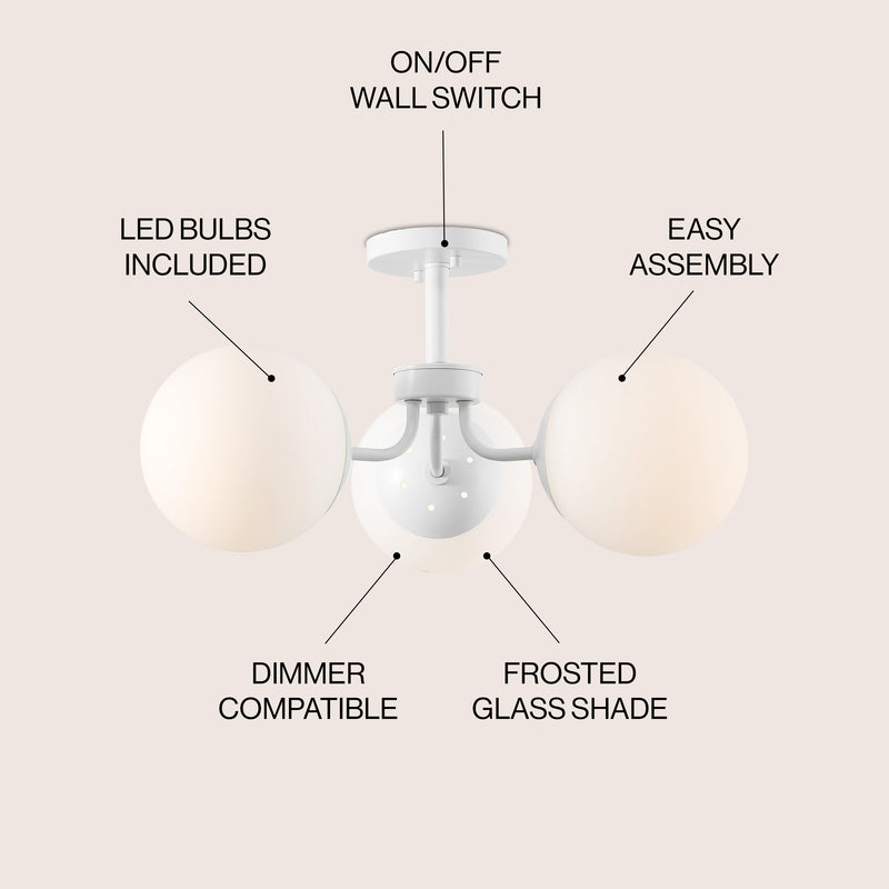 Olivier 23.5" 3-Light Bohemian Farmhouse Iron/Frosted Glass LED Semi Flush Mount