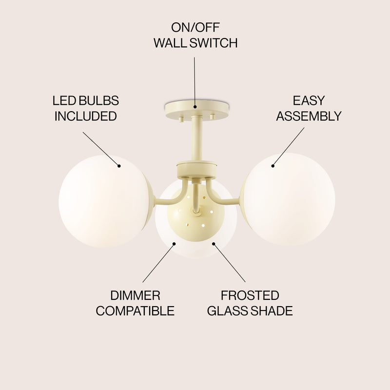Olivier 23.5" 3-Light Bohemian Farmhouse Iron/Frosted Glass LED Semi Flush Mount