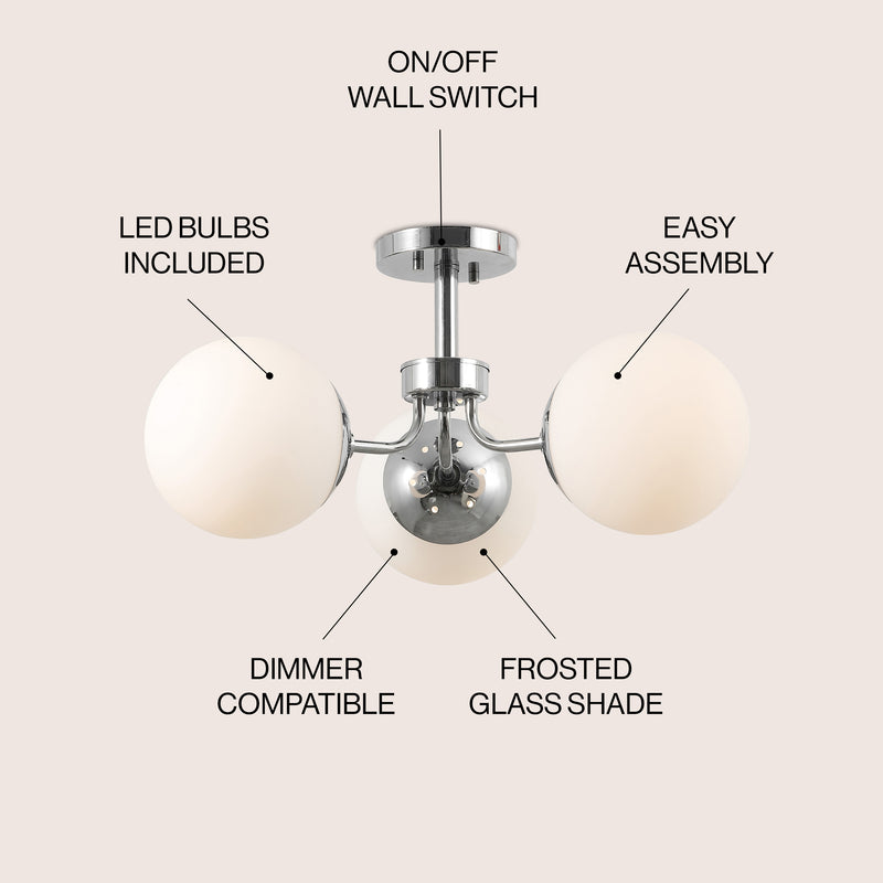 Olivier 23.5" 3-Light Bohemian Farmhouse Iron/Frosted Glass LED Semi Flush Mount