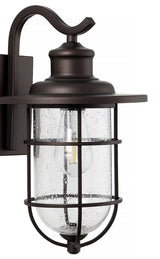 Westfield 10.5" Iron/Seeded Glass Rustic Industrial Cage LED Outdoor Lantern - JONATHAN Y