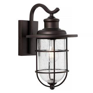 Westfield 10.5" Iron/Seeded Glass Rustic Industrial Cage LED Outdoor Lantern - JONATHAN Y