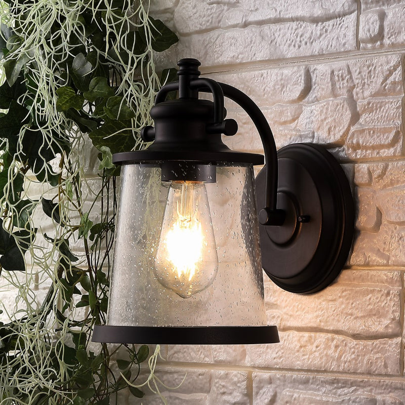 Marais 6.75" Iron/Seeded Glass Vintage Rustic LED Outdoor Lantern - JONATHAN Y