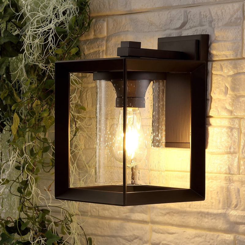 Vaughn 7.25" Iron/Glass Modern Rustic Cube LED Outdoor Lantern - JONATHAN Y