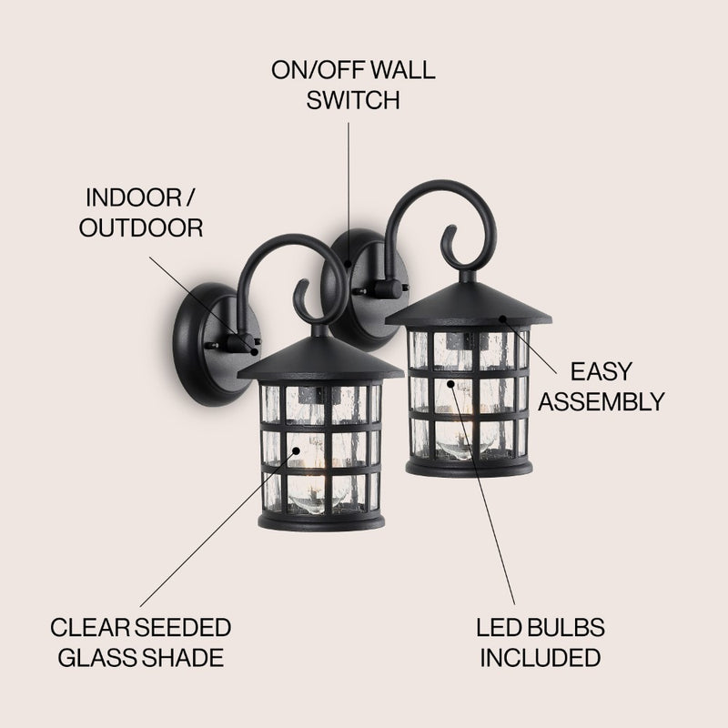Cadiz 6" Iron/Seeded Glass Cottage Rustic Scrolled Lantern LED Outdoor Lantern - JONATHAN Y