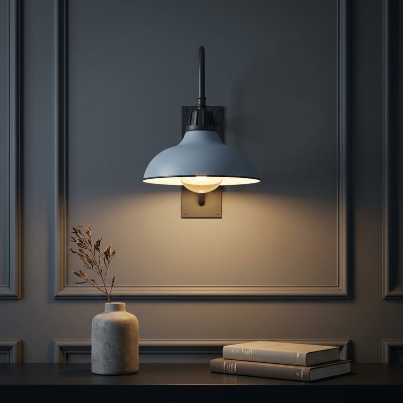 Stanley 12.25" Farmhouse Industrial Indoor/Outdoor Iron LED Gooseneck Arm Outdoor Sconce Matte Silver Blue – AI-ON