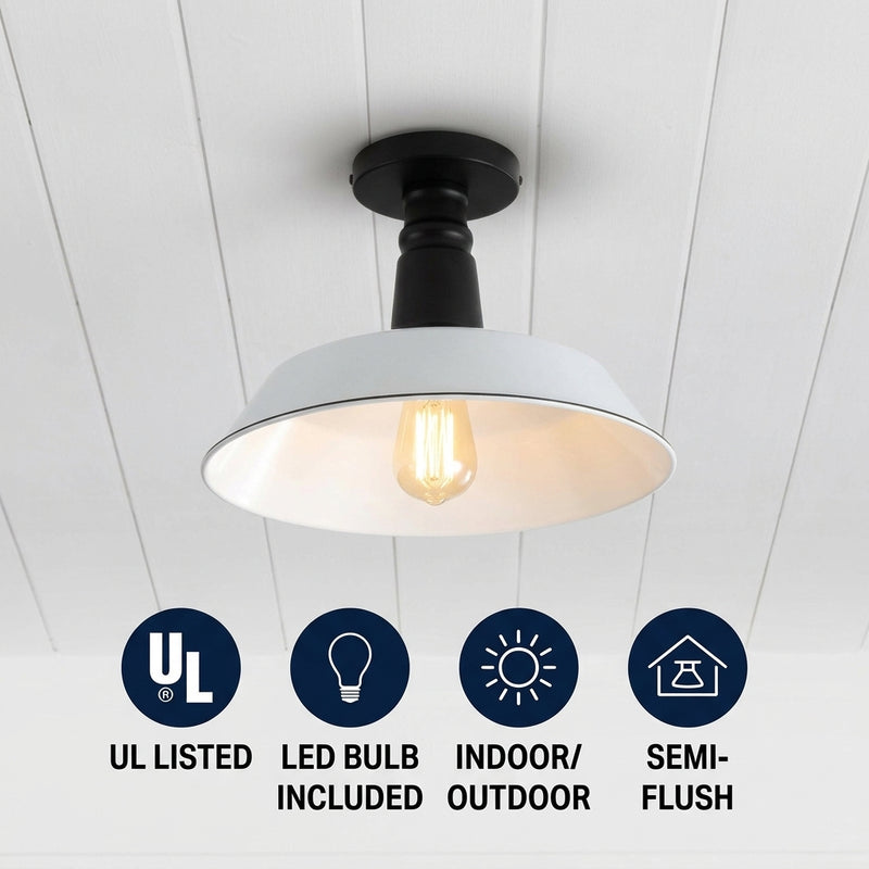 Camila 14"  Classic Industrial Indoor/Outdoor Iron LED Semi Flush Mount White/Black – ICONS