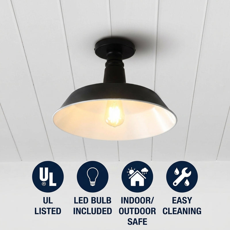 Camila 14"  Classic Industrial Indoor/Outdoor Iron LED Semi Flush Mount Black/White – ICONS