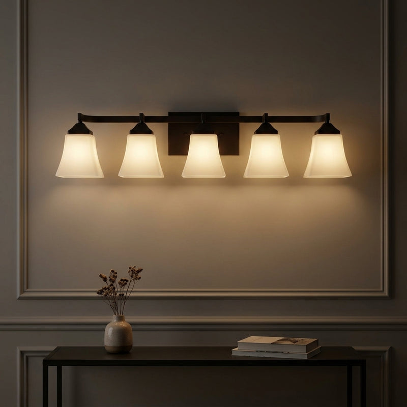 Staunton Farmhouse Cottage Metal LED Vanity Light with Frosted Glass Shades Oil Rubbed Bronze / 5 Sockets – AI-ON