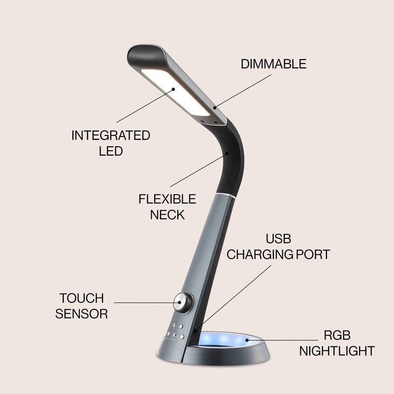 Milton 19" Aluminum Contemporary Minimalist Adjustable Head Dimmable USB Charging LED Task Lamp - JONATHAN Y