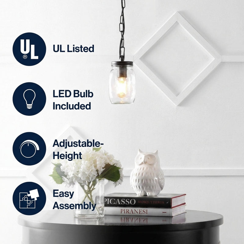 Gaines 5.5" Farmhouse Industrial Iron Mason Jar LED Pendant Oil Rubbed Bronze/Clear / 1 Socket – ICONS