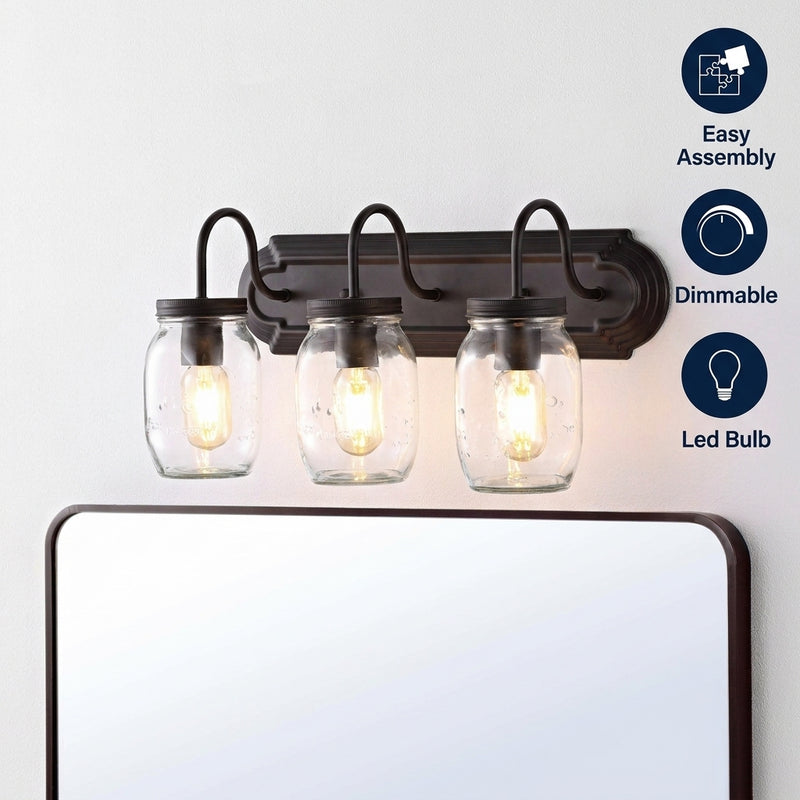 Gaines 19.3" Farmhouse Industrial Iron Mason Jar LED Vanity Oil Rubbed Bronze/Clear / 3 Sockets – ICONS