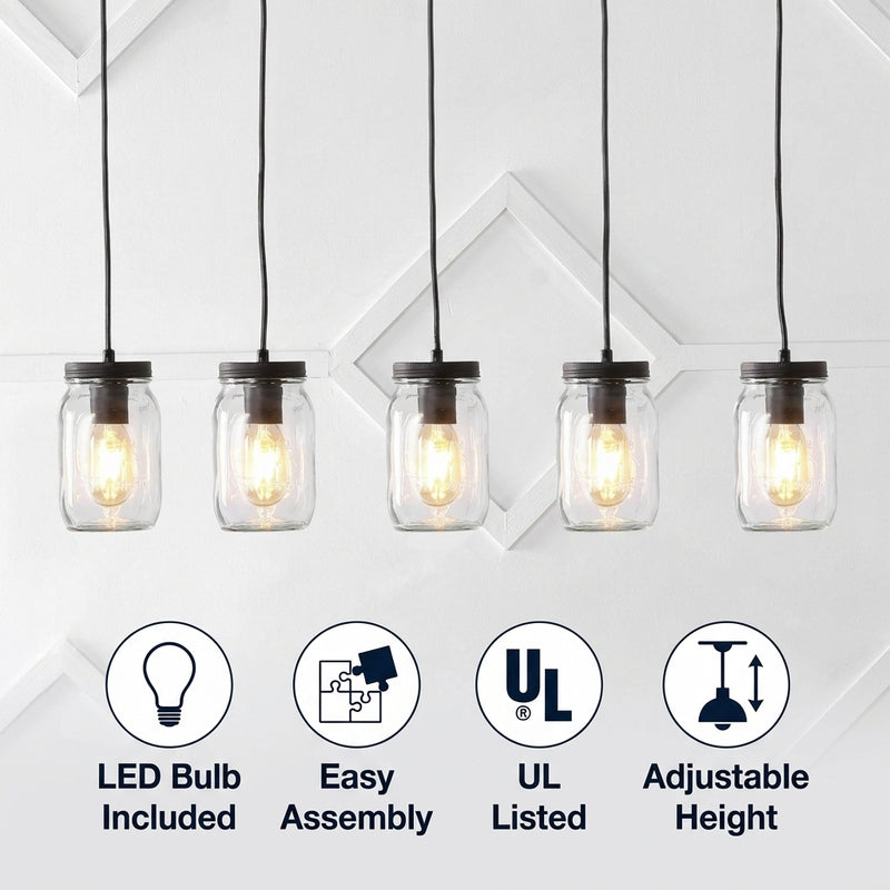 Gaines 5.5" Farmhouse Industrial Iron Mason Jar LED Pendant Oil Rubbed Bronze/Clear / 5 Sockets – ICONS