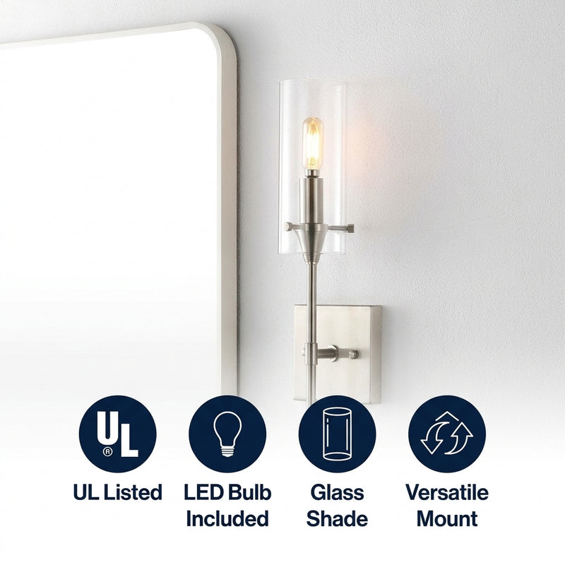 Cato Bohemian Farmhouse Iron/Glass LED Vanity Nickel/Clear / 1 Socket – ICONS