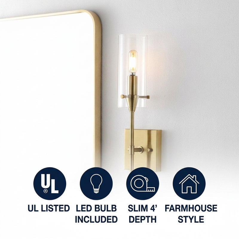 Cato Bohemian Farmhouse Iron/Glass LED Vanity Brass Gold/Clear / 1 Socket – ICONS