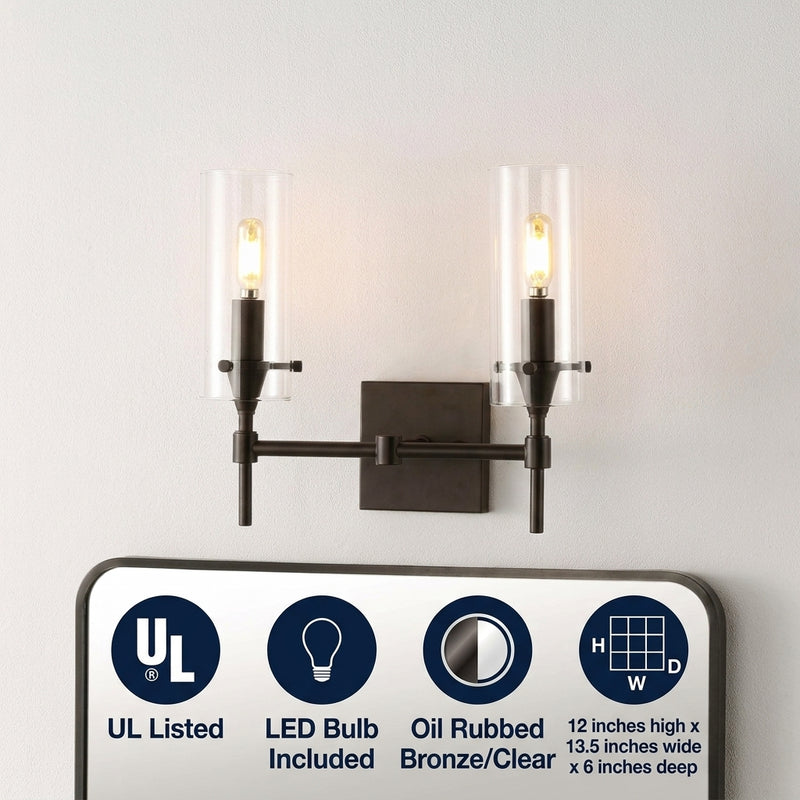 Cato Bohemian Farmhouse Iron/Glass LED Vanity Oil Rubbed Bronze/Clear / 2 Sockets – ICONS