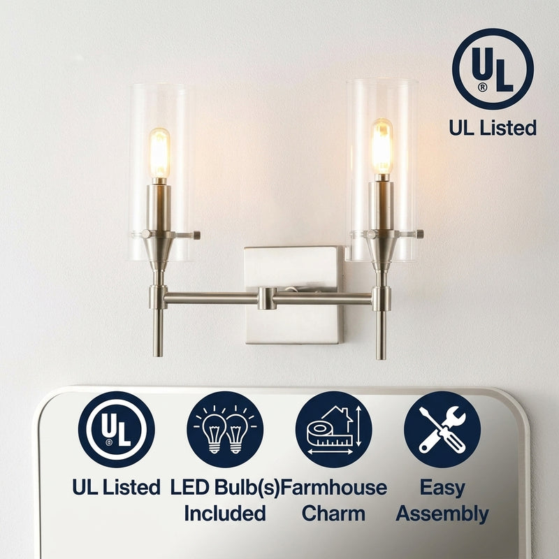 Cato Bohemian Farmhouse Iron/Glass LED Vanity Nickel/Clear / 2 Sockets – ICONS