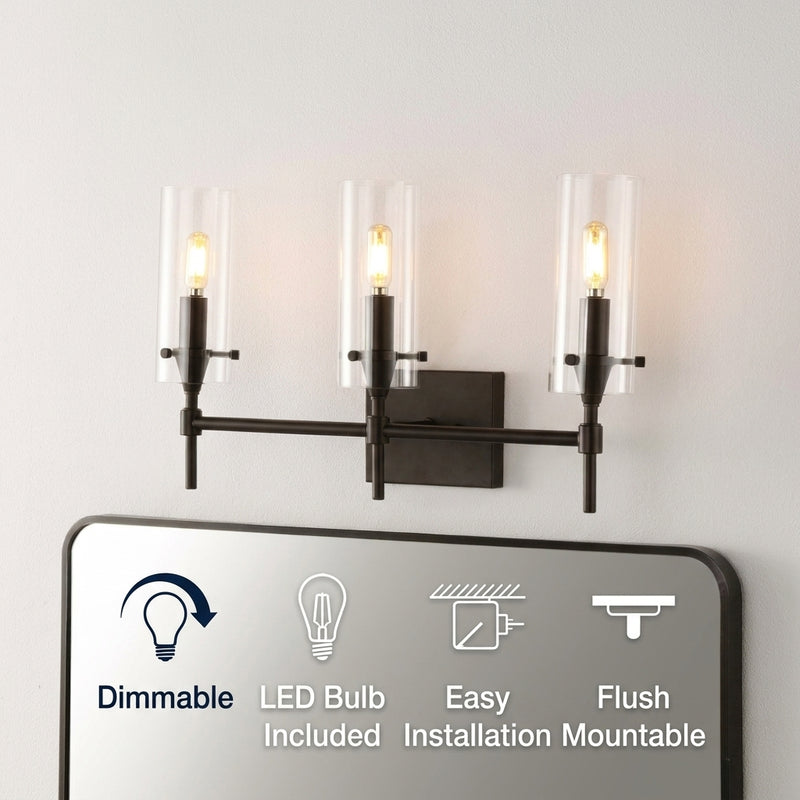 Cato Bohemian Farmhouse Iron/Glass LED Vanity Oil Rubbed Bronze/Clear / 3 Sockets – ICONS