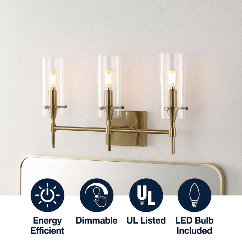 Cato Bohemian Farmhouse Iron/Glass LED Vanity Brass Gold/Clear / 3 Sockets – ICONS
